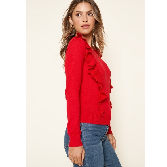 Ruffle Pointelle Knit Sweater Red - Picture 3 of 10